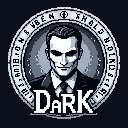 This pixel art portrait features a mysterious, pale-faced man in a suit, his shadowed eyes and the word "DARK" creating an ominous and sophisticated emblem. The monochromatic color scheme and stylized design evoke a sense of classic noir with a modern, retro-gaming twist.