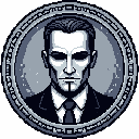 This pixel art portrait depicts a pale, dark-haired man with unsettling black eyes, framed in an ornate circle. His formal attire and rigid posture hint at authority, while his vacant gaze creates a mysterious and ominous presence.