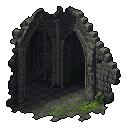 This pixel art depicts the weathered remains of a gothic archway, meticulously crafted with detailed stonework and subtle moss accents. The crumbling structure, set against a stark background, evokes a sense of melancholy and forgotten grandeur.