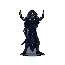 A mysterious, cloaked figure with glowing yellow eyes stands ready, their dark robes and armor accented with gold, exuding an aura of ominous power.