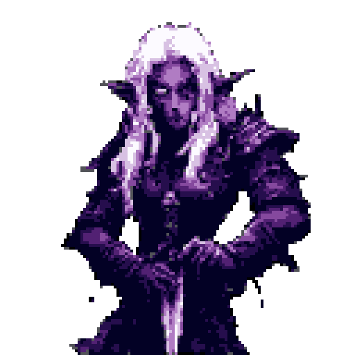 This pixel art portrays a stern drow elf, clutching a dagger with a menacing gaze. The muted purples and stark white hair highlight the character's somber and dangerous presence.
