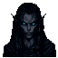 This pixel art portrait captures a stern-faced dark elf with piercing blue eyes. The monochromatic palette and direct gaze create an intense and mysterious atmosphere.