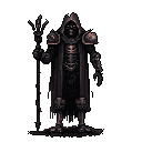 A menacing pixel art lich stands cloaked in dark armor, clutching a trident-topped staff. The skeletal figure, rendered in muted tones, exudes an ominous and powerful presence.
