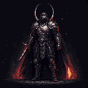 A heavily armored warrior with a glowing red sword stands in the dark, their faceless helmet and imposing stance radiating power and mystery amidst flickers of fire.