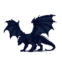 This pixel art showcases a powerful, dark blue and gray dragon standing ready to take flight. Its imposing presence is amplified by the monochromatic color scheme and neutral expression.