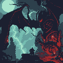 A lone, silhouetted figure stands defiant against a massive, shadowy red and black dragon in this dramatic pixel art scene. Streaks of lightning illuminate a jagged mountain landscape, adding to the ominous mood of the impending confrontation.