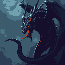 A powerful, serpentine dragon dominates this pixel art image, its dark scales and glowing red eyes and tongue creating a striking contrast against the cloudy moonlit sky. The creature's open mouth and intense gaze evoke a sense of mystery and potential danger.