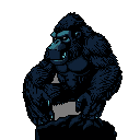 This pixel art image showcases a powerful, muscular gorilla rendered in dark blues and grays. The seated ape, with a slightly open mouth and intense gaze, exudes a foreboding presence against a stark black backdrop.