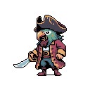 This pixel art image features a stylized parrot pirate, ready for adventure with his cutlass in hand. The anthropomorphic character's detailed design and rich color palette evoke a classic, whimsical feel. Standing against a dark void, this feathered buccaneer embodies a lighthearted and heroic spirit.