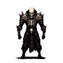 A formidable skeletal warrior in ornate armor stands tall, its presence radiating an ominous aura. The intricate pixel art captures the essence of a dark fantasy figure, complete with skull-emblazoned details.