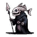 This pixel art depicts a chilling skeletal reaper, a fusion of death and the deep sea. Adorned with fish bones and a glowing blue eye, this macabre figure emanates an ominous and mysterious aura. It's a stylized specter that hints at ancient, supernatural power.