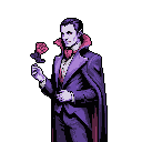 This pixel art portrait depicts a sophisticated vampire holding a single red rose. The gothic figure, rendered in a muted palette of purples and reds, exudes an ominous elegance with a hint of melancholy.