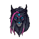 A stylized, dark feline with a fierce gaze dominates this pixel art image, its grey and black fur punctuated by vibrant pink streaks in its mane. Electric blue eyes, nose, and glowing markings hint at a magical, otherworldly nature.