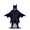 Pixel art Batman stands ready in his iconic suit, fists clenched and expression determined. Framed against a stark black background, the dark and muted palette emphasizes his vigilant and formidable presence.