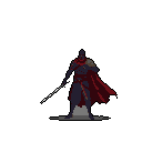 A formidable, armored figure in a crimson cape stands poised for action, clutching a glowing spear or sword. The mysterious warrior's dark silhouette and ready stance evoke a sense of foreboding and impending conflict.