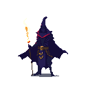 A mysterious, cloaked dark wizard stands ready, staff in hand, its flame casting an ominous light. The figure's detailed outfit and commanding presence hint at hidden power.