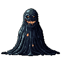 A terrifying, melting humanoid monster composed of dark, viscous material dominates the frame, its glowing orange eyes and teeth piercing the darkness. The creature's ominous presence and stark color palette evoke a sense of isolation and horror.
