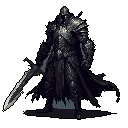 A formidable, armored knight stands silently in the void, their faceless helmet and massive sword radiating ominous power. This pixel art figure evokes a sense of dark fantasy and imposing strength.