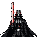 This pixel art image showcases the imposing Darth Vader, lightsaber in hand, rendered in a classic retro style. The dark palette and red accents emphasize the character's power and iconic menace.