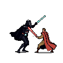 This pixel art captures the iconic lightsaber duel between Darth Vader and Obi-Wan Kenobi, their vibrant red and blue blades clashing in a tense confrontation. The retro style adds a nostalgic feel to this classic sci-fi showdown.