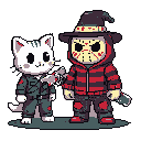 A chibi-style cat in a military jacket and a Jason/Freddy Krueger mashup character stand side-by-side, both wielding bloody weapons in this pixelated, cute-yet-macabre image. The duo creates a playful homage to horror icons with a darkly humorous twist.