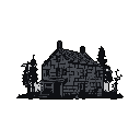 This pixel art depicts a desolate, two-story house, its dilapidated state and the surrounding dark forest evoking a sense of abandonment and foreboding. The monochromatic palette emphasizes the eerie atmosphere and the house's isolation.