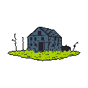 A dilapidated, blue-grey building stands alone amidst vibrant green grass, its broken windows and ragged roof hinting at years of abandonment. The stark contrast between the decaying structure and the unusually bright foliage creates a surreal and melancholic scene.