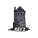 A solitary stone tower, rendered in stark pixel art, dominates the image, its rough texture and pointed roof hinting at a defensive structure. The "DAY Z" text below confirms its association with the post-apocalyptic survival game.
