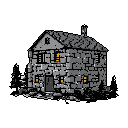 This pixel art image showcases a rustic stone house, its asymmetrical windows glowing with warm light. The dwelling's simple design and classic aesthetic evoke a sense of quiet mystery and old-school gaming charm.