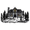 A pixel art image portrays a large, imposing stone house with glowing windows, nestled in a snowy forest under a night sky. The house emanates a sense of quiet mystery, its warm light a stark contrast to the cold, dark surroundings.
