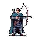 A skilled pixel art archer, clad in armor and a teal cloak, stands poised and ready to fire his arrow, embodying strength and focus.