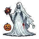 A pixel art corpse bride, adorned in a tattered white gown and veil, clutches withered roses while a sinister red drip falls from her skeletal hand. This macabre yet whimsical figure stands beside a grinning jack-o'-lantern, embracing a gothic Halloween aesthetic.