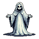 A spectral, robed figure with a skull-like face extends its arms in this eerie pixel art, evoking themes of death and the unknown. The monochromatic blue-grey palette against a black void enhances the image's haunting and melancholic atmosphere.