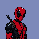 This pixel art bust captures Deadpool in his classic red and black suit, his downward gaze hinting at a rare moment of contemplation. Straps, pouches, and the hilt of his katana add tactical detail to this iconic and stoic portrayal of the Merc with a Mouth.