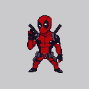 This pixel art depicts a chibi-style Deadpool, armed with pistols and katanas, striking a dynamic pose. The vibrant, high-contrast color scheme and playful expression capture the character's energetic and mischievous personality.