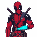 This pixel art depicts a bust of Deadpool, rendered in vibrant red and black, with an intense, glowing energy emanating from his left hand. Despite the retro style, the image conveys a sense of power and readiness. The character is isolated against a plain background, emphasizing his iconic costume and focused gaze.