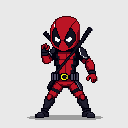 This pixel art depicts a chibi Deadpool in a dynamic pose, ready for action with his katanas sheathed on his back. The vibrant red and black costume, combined with the simple, clean design against a light gray background, gives him an energetic and playfully heroic vibe.