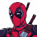 This pixel art bust depicts Deadpool, masked and ready, with his signature red and black suit and katanas sheathed on his back. The high-contrast colors and clean style create an iconic, retro gaming aesthetic.
