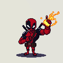 This pixel art depicts a playful, chibi-style Deadpool projecting a burst of fiery energy. The iconic mercenary, complete with katanas and utility belt, stands confidently against a neutral background.