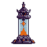 This pixel art features a solitary, ornate hourglass set against a void, its intricate design hinting at dark fantasy and ancient power. Glowing orange sand flows through a stylized chamber, contrasting sharply with the ominous, spiked architecture that seems to watch with piercing "eyes." This mystical timepiece evokes a sense of mystery and potent energy.