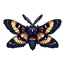 This pixel art showcases a stunning Death's-head Hawkmoth, its intricate blue, purple, and yellow patterns meticulously rendered in a symmetrical, top-down view. The vibrant colors and skull-like marking create an elegant yet subtly mysterious focal point.