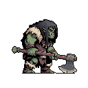A powerful, green-skinned orc warrior, rendered in pixel art, stands poised for battle, gripping a massive two-handed axe. The character's determined gaze and rugged appearance convey a sense of raw strength and imminent conflict.