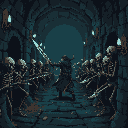 A lone warrior, wielding a glowing sword, faces a skeletal onslaught in a dark fantasy hallway. The pixel art captures a moment of intense tension as the figure prepares for battle against the undead.