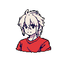 This pixel art portrait captures a young character with spiky hair and a melancholic gaze. Rendered in muted tones, the image evokes a sense of quiet introspection with its simple yet expressive design.