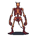 This pixel art features a menacing, horned skeleton rendered in a muted palette against a stark void. The isolated figure, detailed with warm tones and subtle shadows, evokes a sense of macabre fantasy and eerie foreboding.