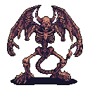 A menacing pixel art depiction of a skeletal, winged demon with clawed hands and sharp horns. The creature, poised and ready to strike, stands against a stark black void, its bone-like form rendered in a muted, ominous palette.