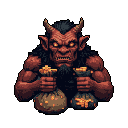A menacing, horned demon clutches overflowing sacks of treasure, its glowing eyes fixed in a fierce stare. This powerful pixel art creature exudes greed and sinister energy.