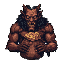 This pixel art showcases a menacing, hunched demon with glowing eyes and sharp teeth, its ornate necklace hinting at a dark, possibly wealthy, past. The creature's fearsome appearance is amplified by the dark, earthy color palette and stark black background.