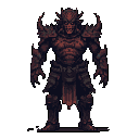 A menacing, pixelated demon stands tall, its spiked armor and skeletal face radiating an ominous power. The figure's rigid pose and clawed hands create an intimidating portrait against a stark backdrop.