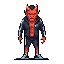 A pixel-art demon stands defiantly with red skin and orange horns, sporting a modern tracksuit and sneakers. This stern-faced figure evokes a sense of casual menace against a dark backdrop.